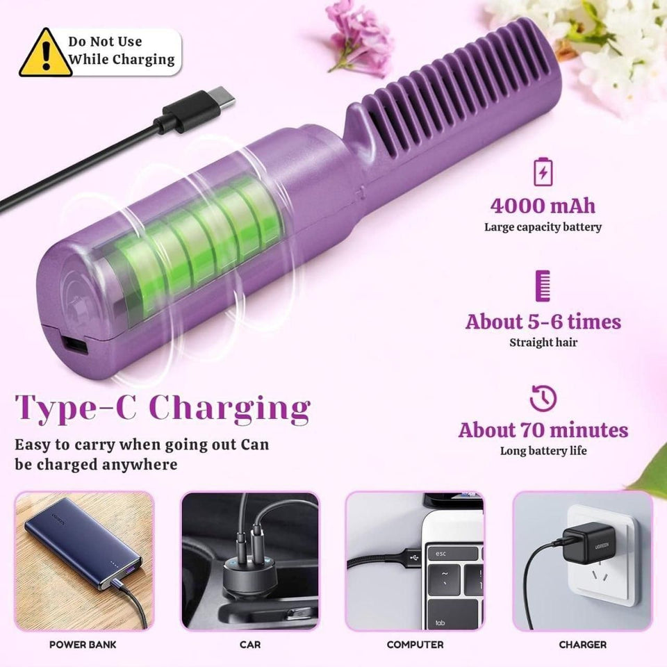 Vmun Portable Mini Hair Straightener Cordless Rechargeable  Adjustable Hair Straightener Hot Comb